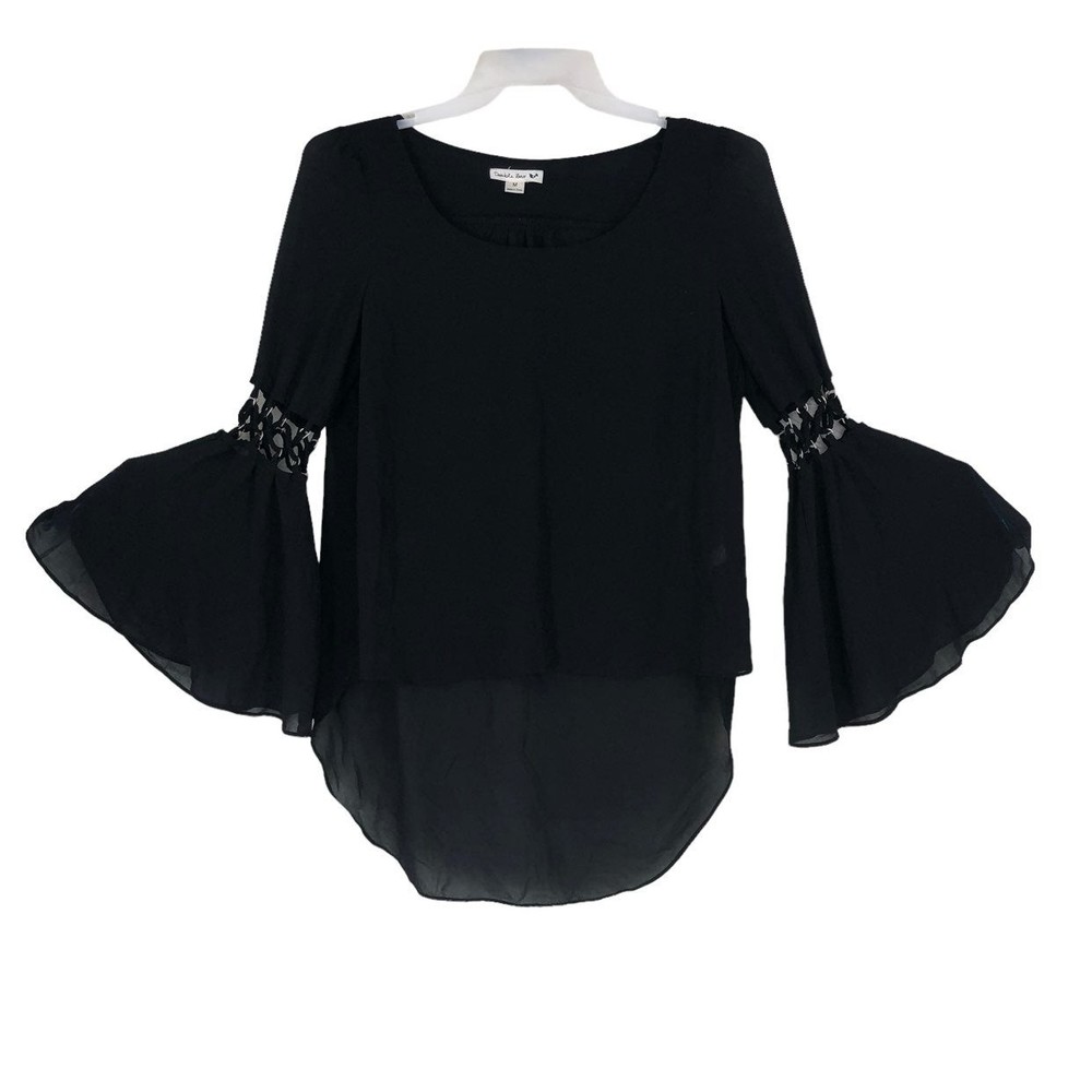 Double Zero Sheer Black Fancy Bell Sleeve Top with Hi/Lo Hem sz M Sexy Tunic
